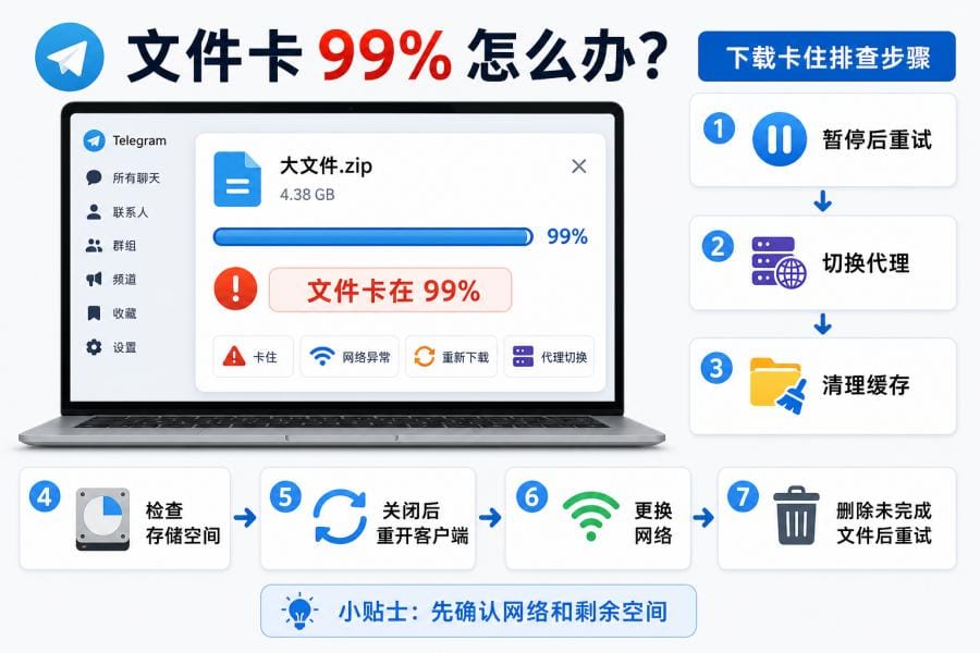 Telegram 文件下载卡在 99% 排查